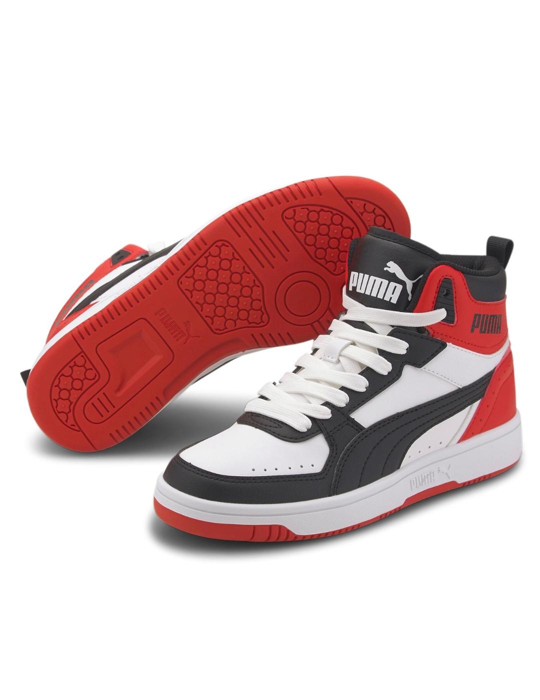 Zapatillas puma rebound joy jr blanco rojo negro de niño.