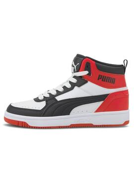 Zapatillas puma rebound joy jr blanco rojo negro de niño.