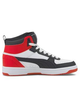 Zapatillas puma rebound joy jr blanco rojo negro de niño.