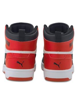 Zapatillas puma rebound joy jr blanco rojo negro de niño.