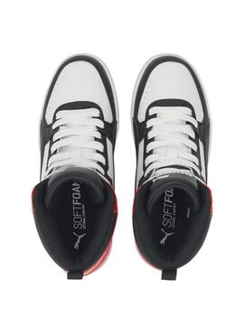 Zapatillas puma rebound joy jr blanco rojo negro de niño.