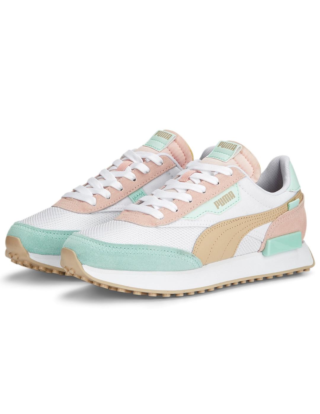 Zapatillas puma future rider soft blanco rosa verde de mujer