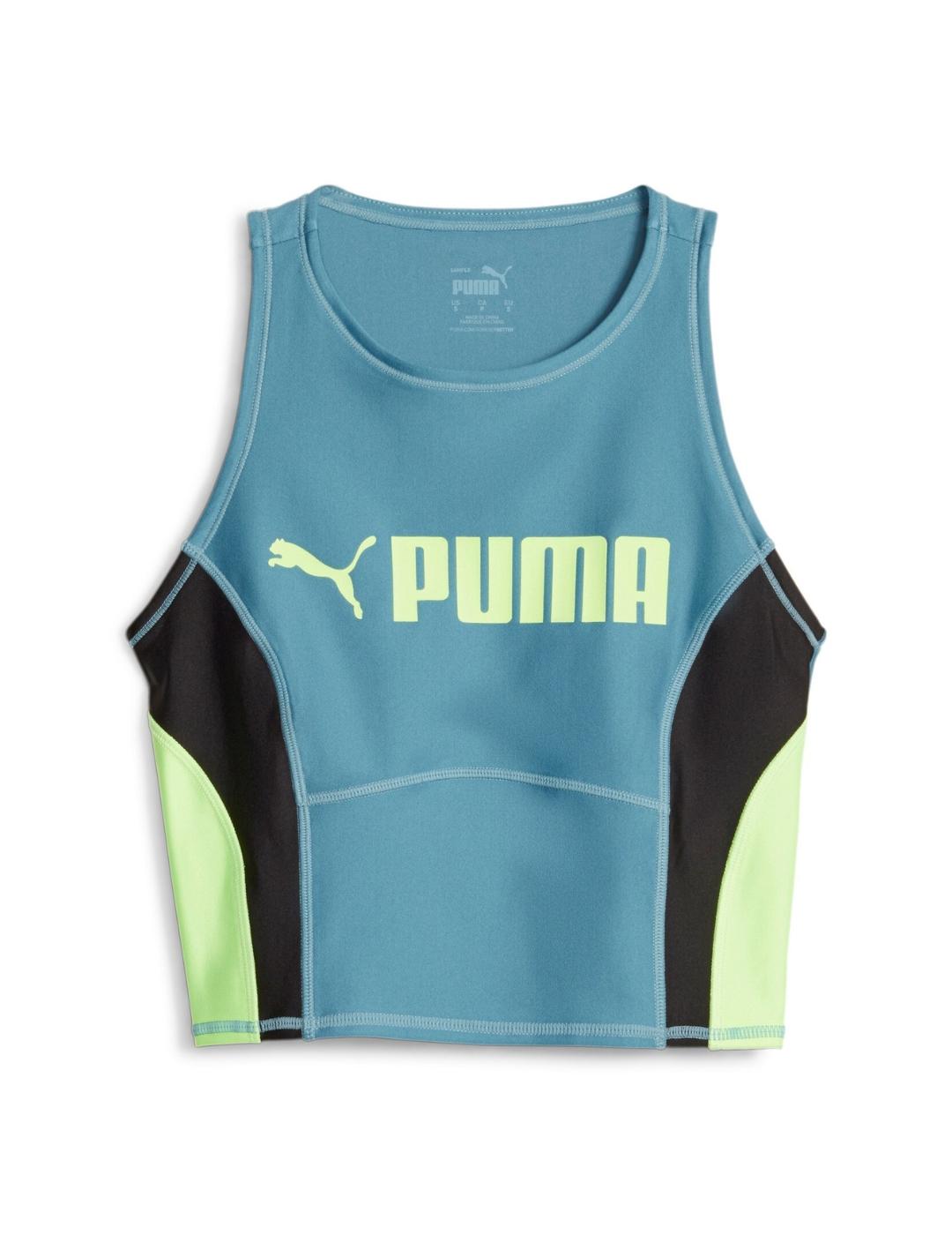 camiseta puma fit eversculpt azul amarillo de mujer.