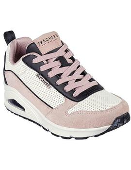 Zapatillas skechers uno two much fun blanco rosa de mujer.