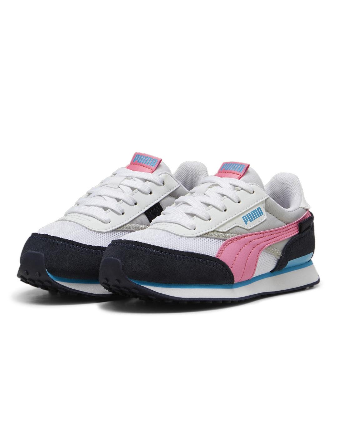 Zapatillas puma future rider splash azul rosa de niña.