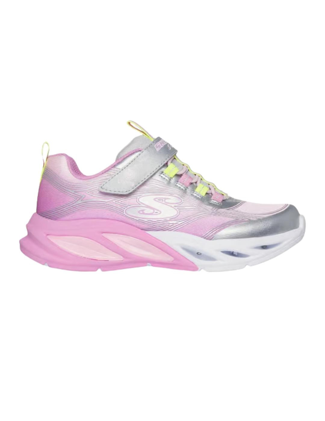 Zapatillas skechers s lights cosmic glow rosa plata de niña.