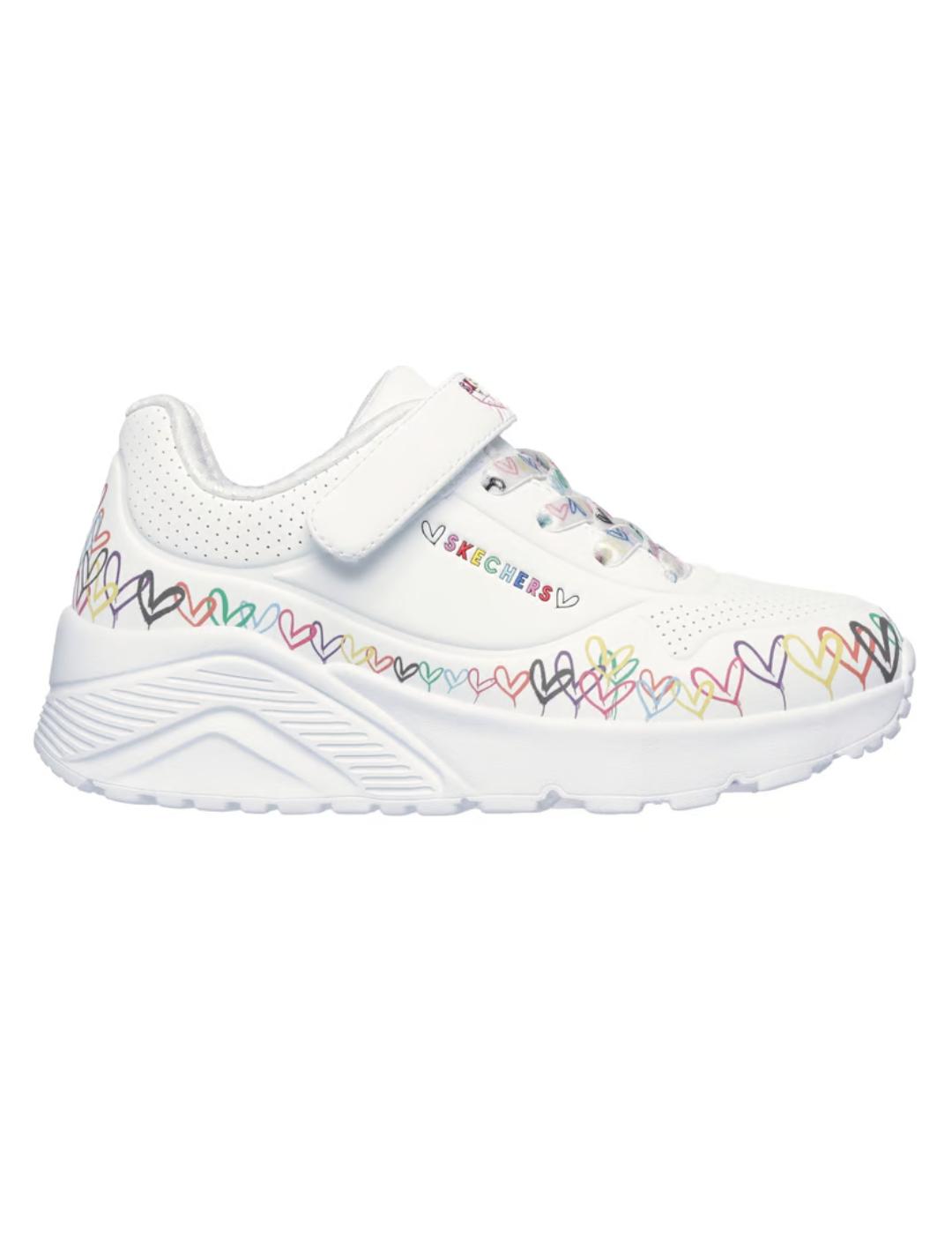 Zapatillas skechers uno lite heart craze blanco de niña.