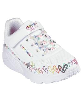 Zapatillas skechers uno lite heart craze blanco de niña.