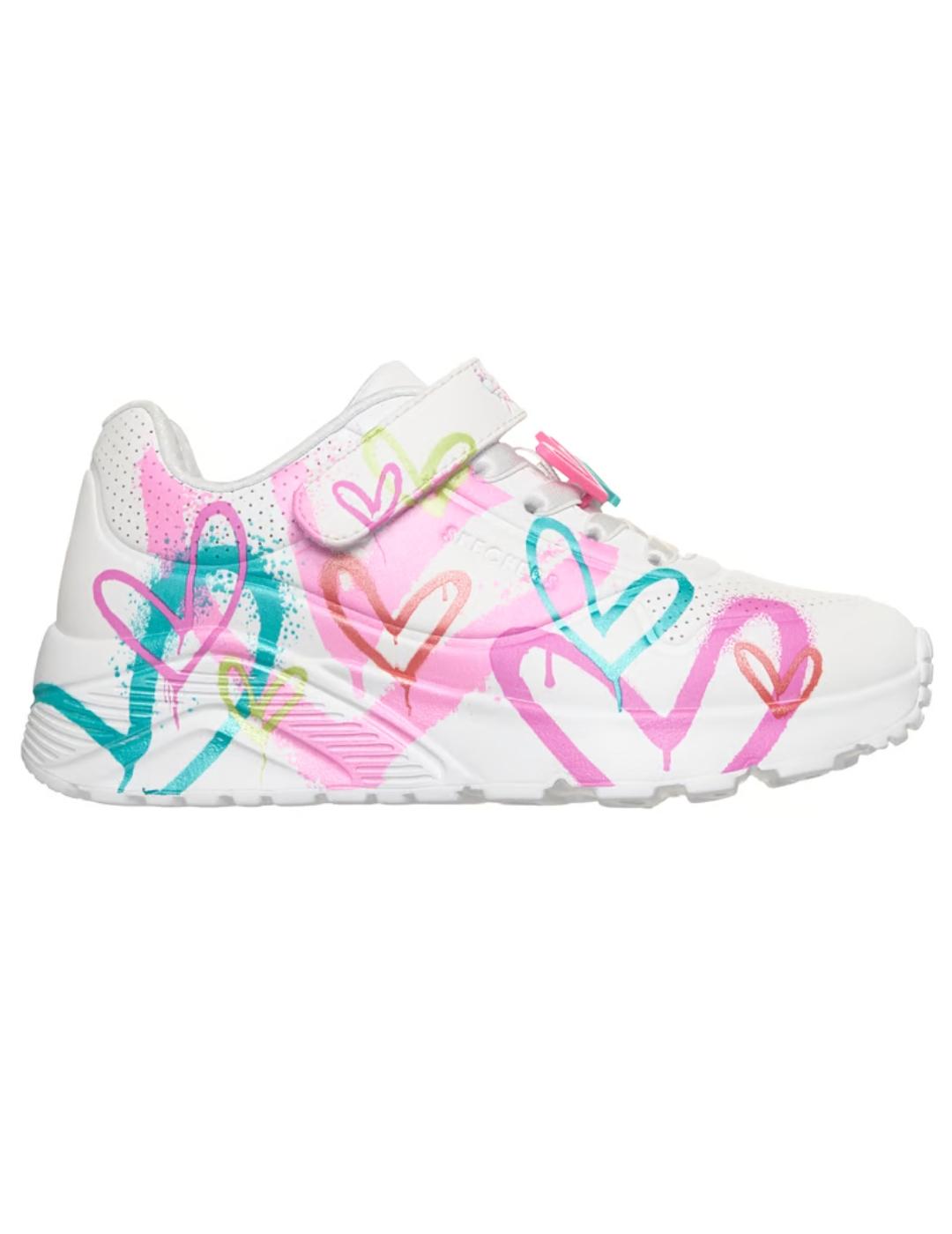 Zapatillas skechers uno lite heart status blanco rosa niña.