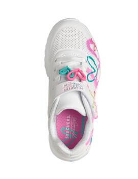 Zapatillas skechers uno lite heart status blanco rosa niña.