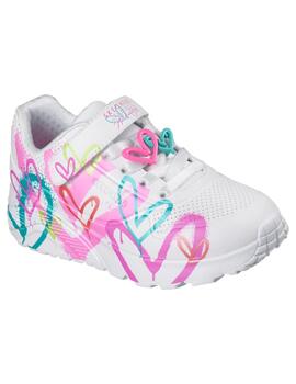 Zapatillas skechers uno lite heart status blanco rosa niña.