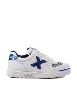 zapatilla munich G3 indoor blanco azul de niño.