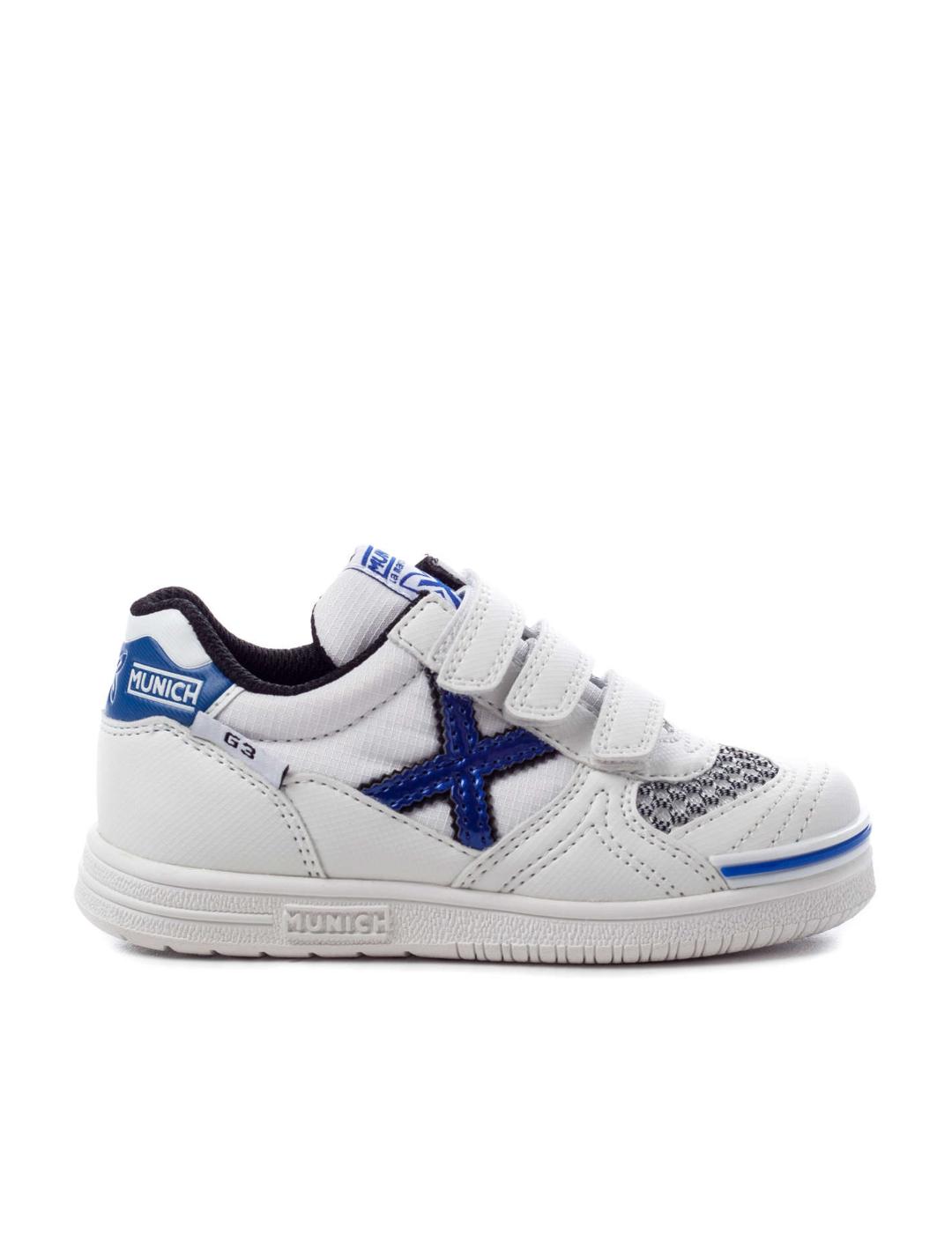 zapatilla munich G3 indoor blanco azul de niño.