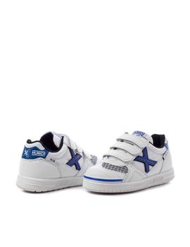 zapatilla munich G3 indoor blanco azul de niño.