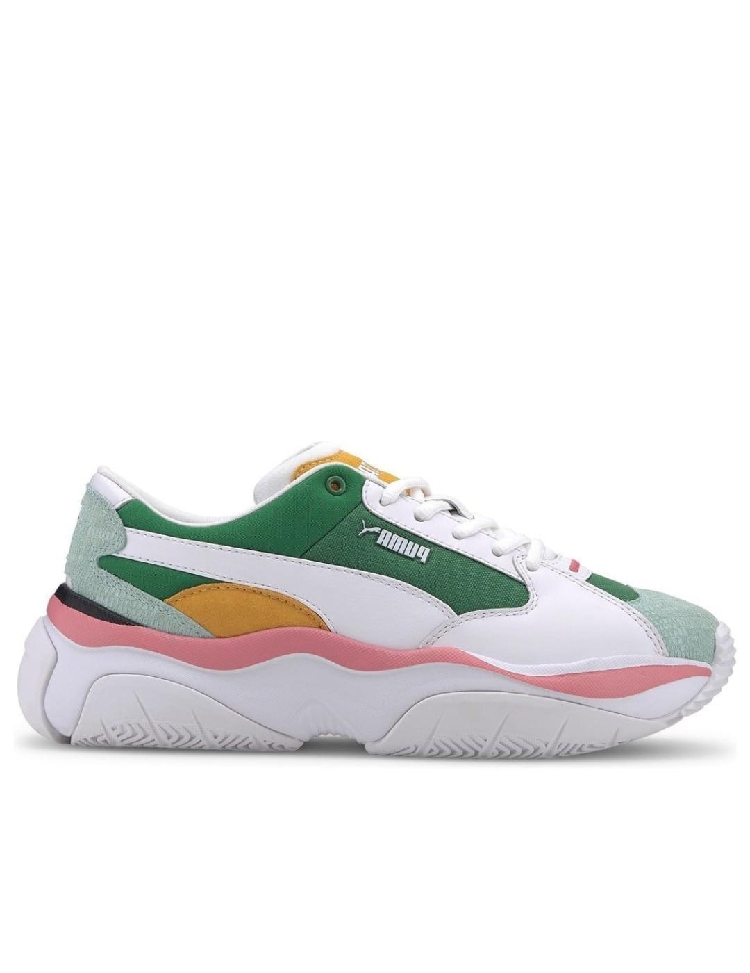 zapatilla puma storm. y colour block verde de mujer