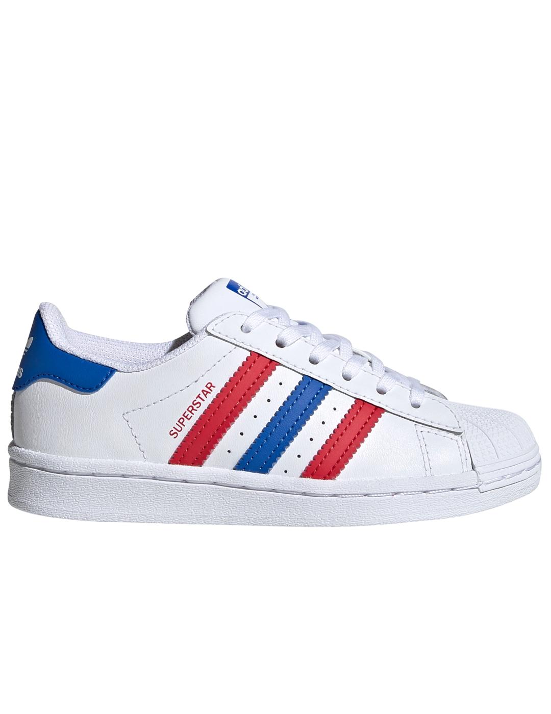 Zapatillas adidas superstar azul rojo de niño.