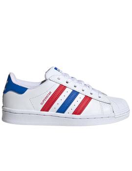 Zapatillas adidas superstar azul rojo de niño.