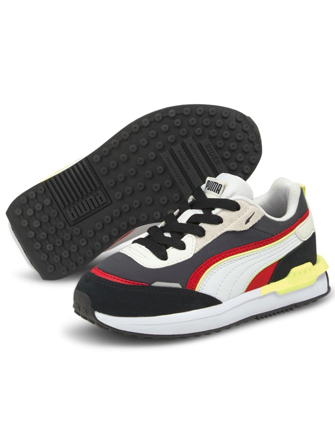 Zapatillas puma city rider negro rojo de niño.