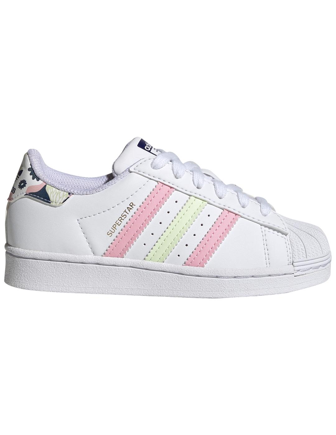 Zapatillas adidas superstar c rosa amarillo de niña.