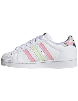 Zapatillas adidas superstar c rosa amarillo de niña.