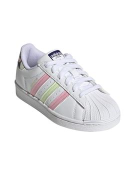 Zapatillas adidas superstar c rosa amarillo de niña.