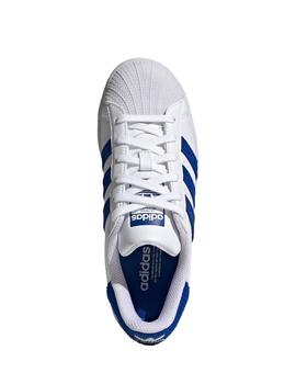 Zapatillas adidas superstar j blanco azul de niño.