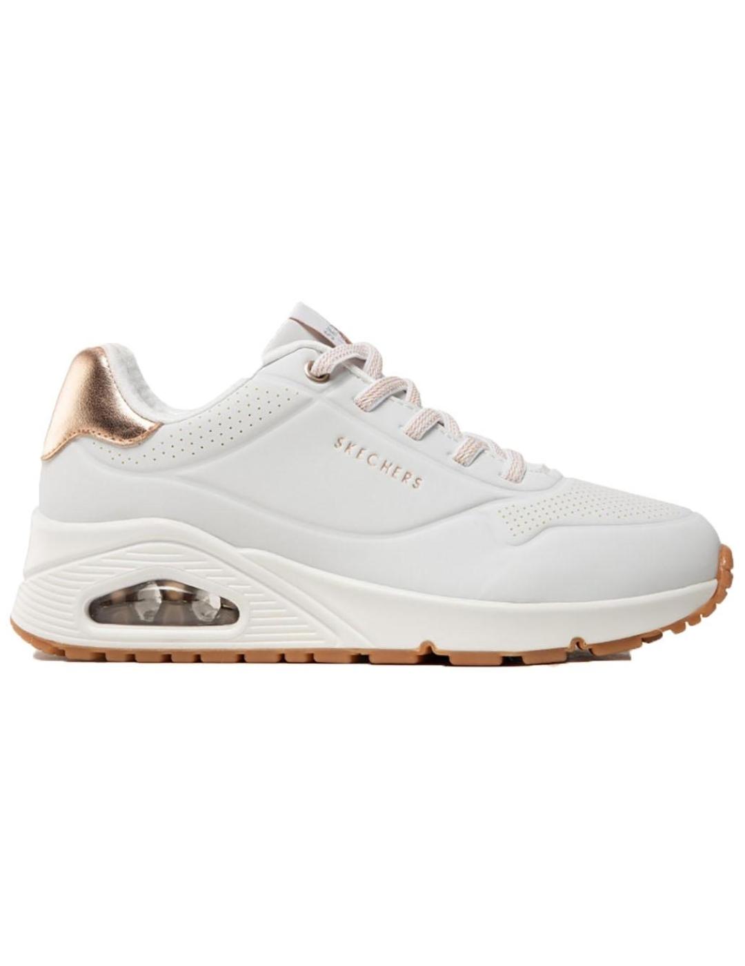 Zapatillas skechers uno shimmer away blanco dorado de mujer.