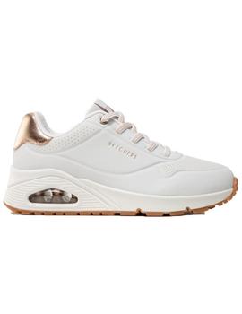 Zapatillas skechers uno shimmer away blanco dorado de mujer.