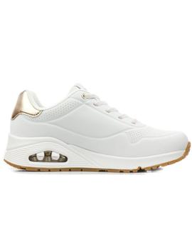 Zapatillas skechers uno shimmer away blanco dorado de mujer.