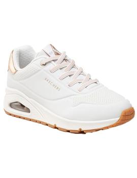 Zapatillas skechers uno shimmer away blanco dorado de mujer.