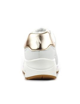 Zapatillas skechers uno shimmer away blanco dorado de mujer.